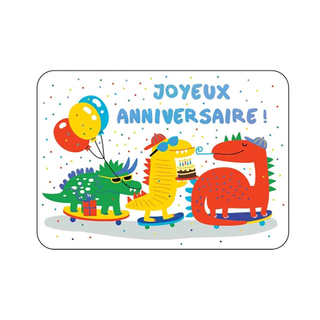 une carte joyeux anniversaire dinosaures funs CARTESDART, vue de face sur fond blanc