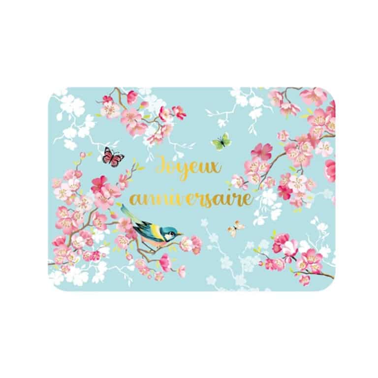une carte joyeux anniversaire fleurs de cerisiers CARTESDART, vue de face sur fond blanc