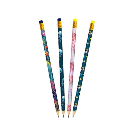 un lot de 4 crayons à papier bleu corail CARTESDAR, vue de face sur fond blanc
