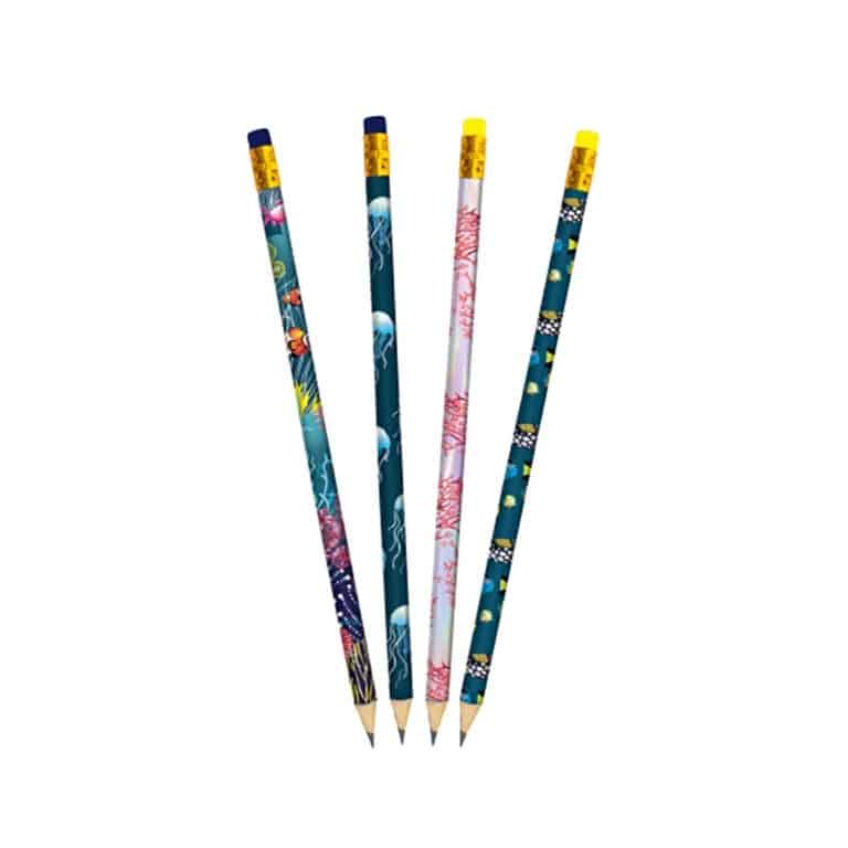 un lot de 4 crayons à papier bleu corail CARTESDAR, vue de face sur fond blanc