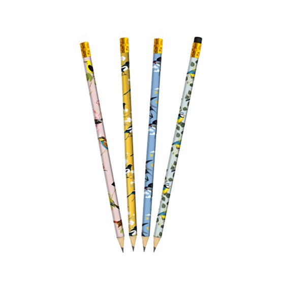 Un lot de 4 crayons à papier oiseaux CARTESDART, vue de face sur fond blanc