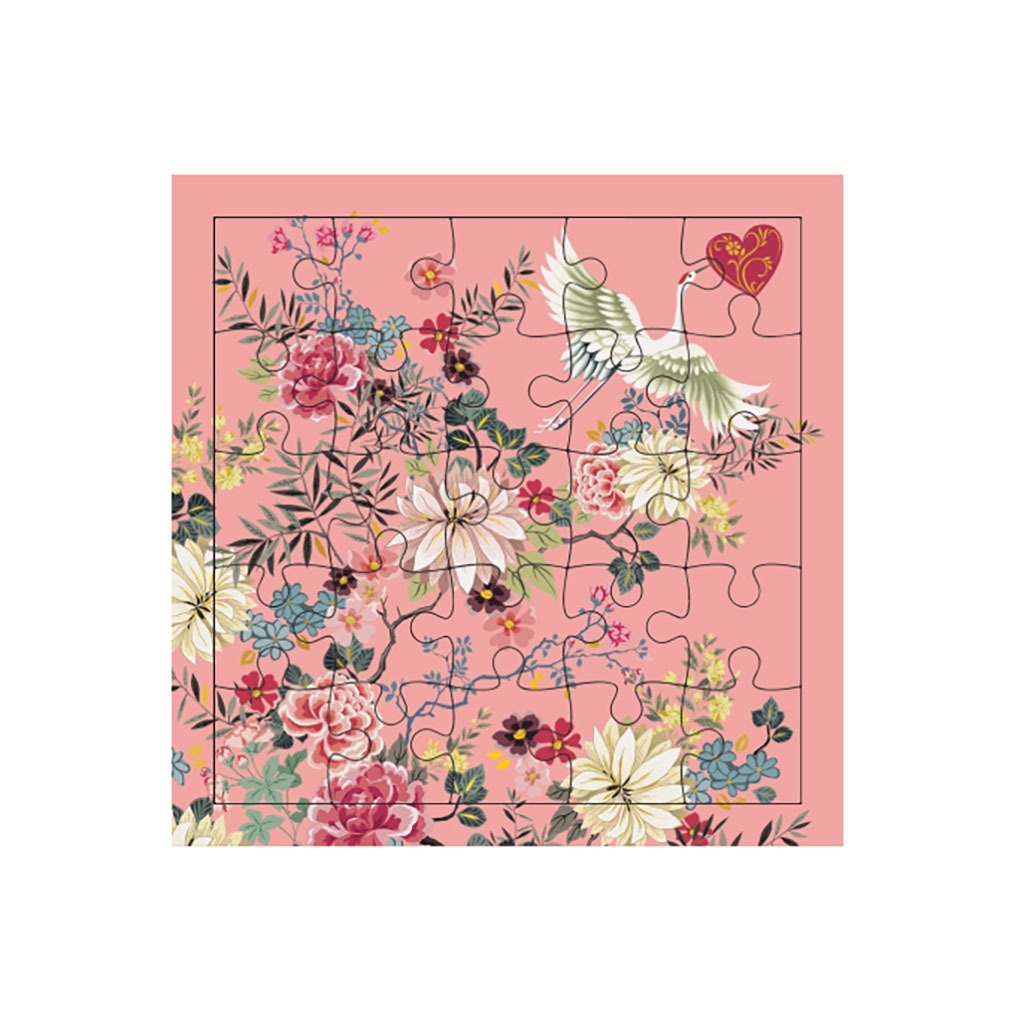 une carte puzzle avec des fleurs et un héron Cartes D'art, vue de face sur fond blanc