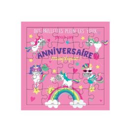 une carte puzzle joyeux anniversaire licornes Cartes D'art, vue de face sur fond blanc