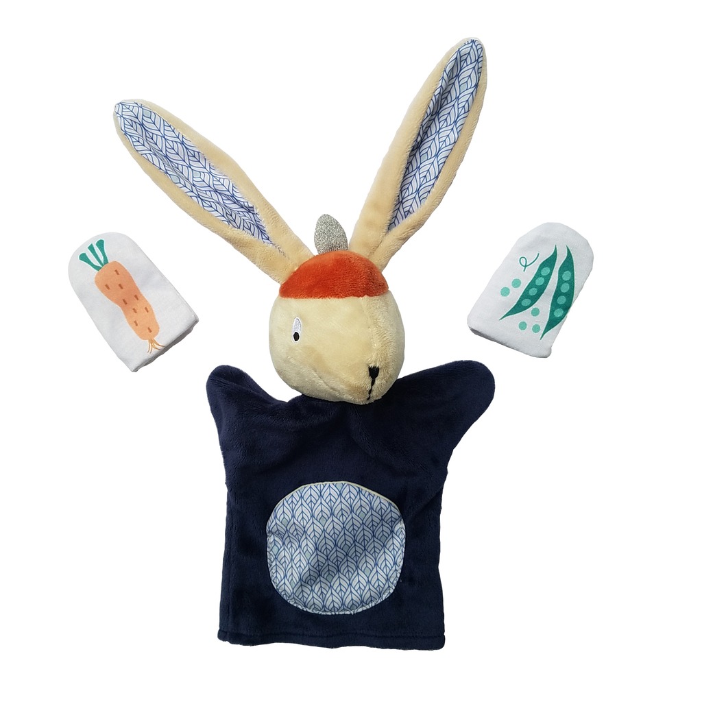 marionnette gabin le lapin et ses 2 marionnettes de doigts ebulobo sur fond blanc