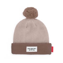 bonnet block coffee hello hossy pour enfant avec pompon sur fond blanc