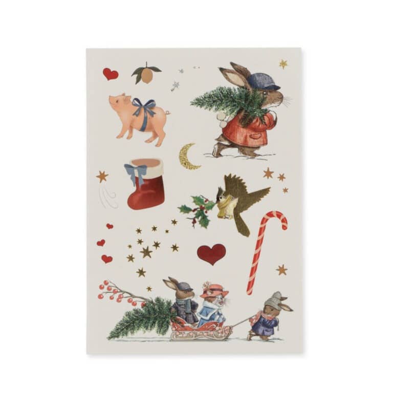 3 planches de tatouages éphémères Noël Konges Slojd, vue de face sur fond blanc