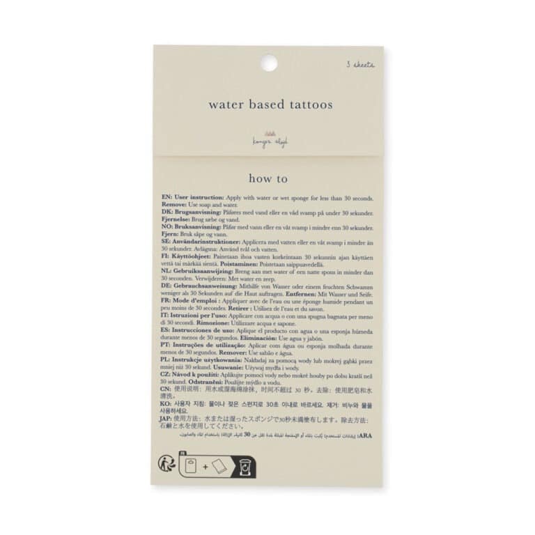 3 planches de tatouages éphémères Noël Konges Slojd, vue de dos sur fond blanc