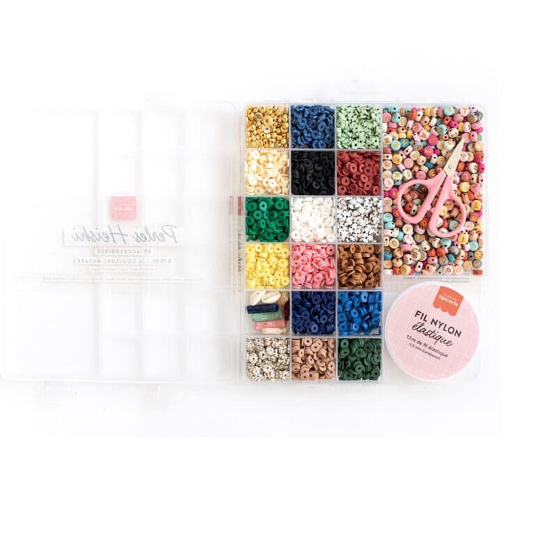 boîte de perles heishi et accessoires 6mm naturelle la petite épicerie boîte ouverte sur fond blanc