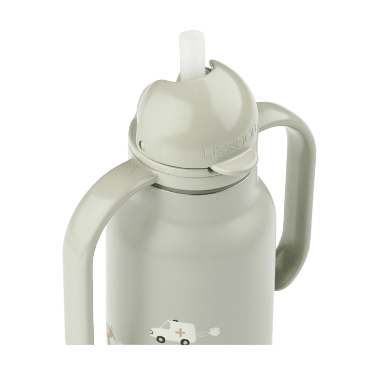 gourde liewood en acier avec anses et paille en silicone véhicules détail paille sur fond blanc