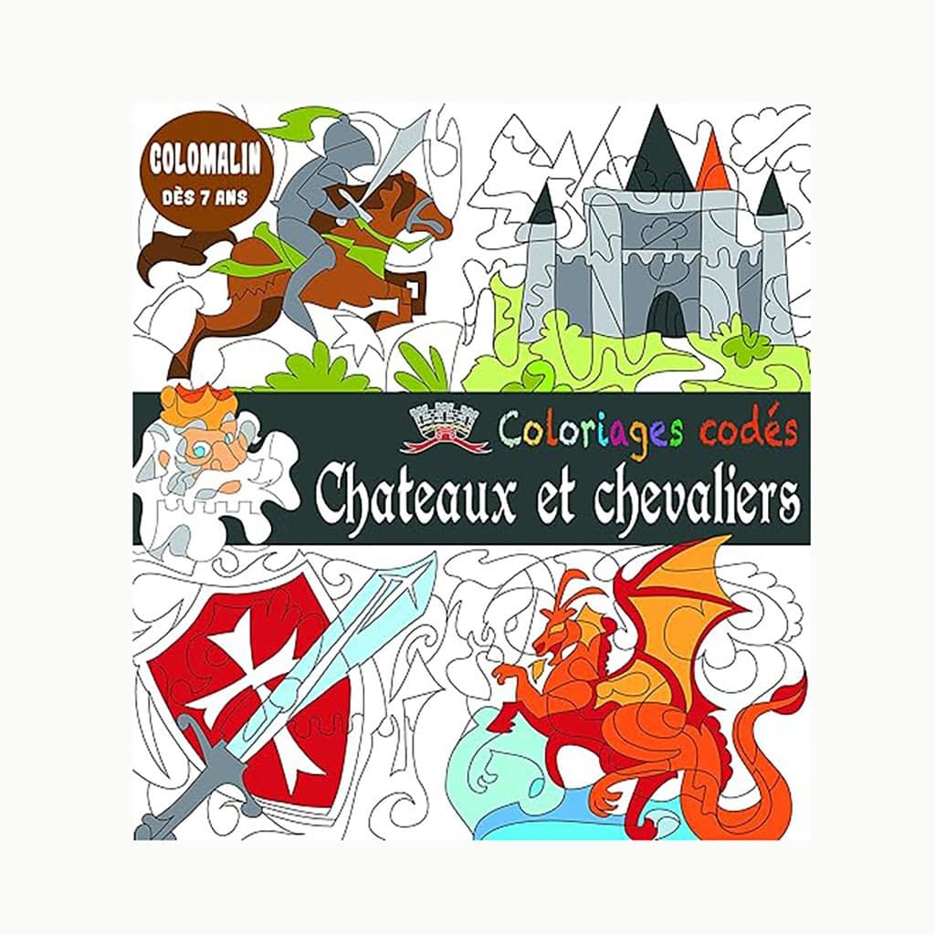 un cahier de coloriages codés sur le thème des chevaliers et des châteaux, vue de face sur fond blanc