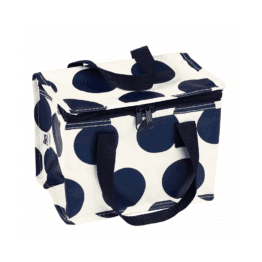 sac repas isotherme pois bleu marine rl sur fond blanc