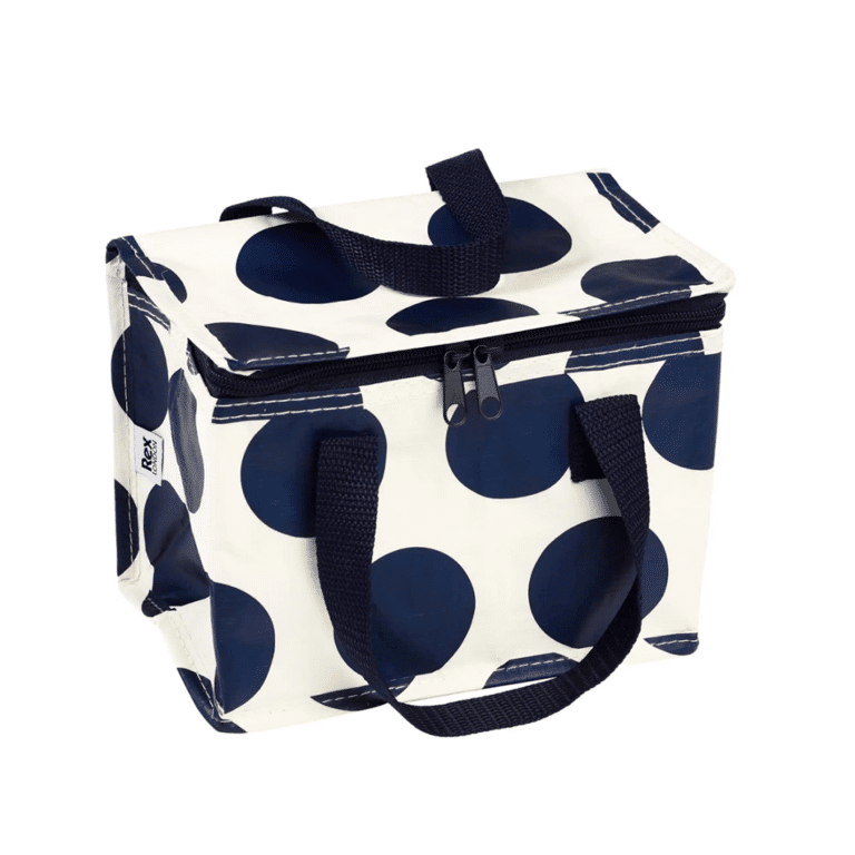 sac repas isotherme pois bleu marine rl sur fond blanc