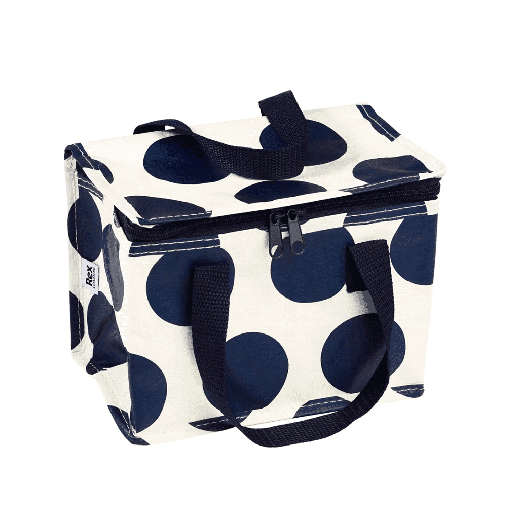 sac repas isotherme pois bleu marine rl sur fond blanc