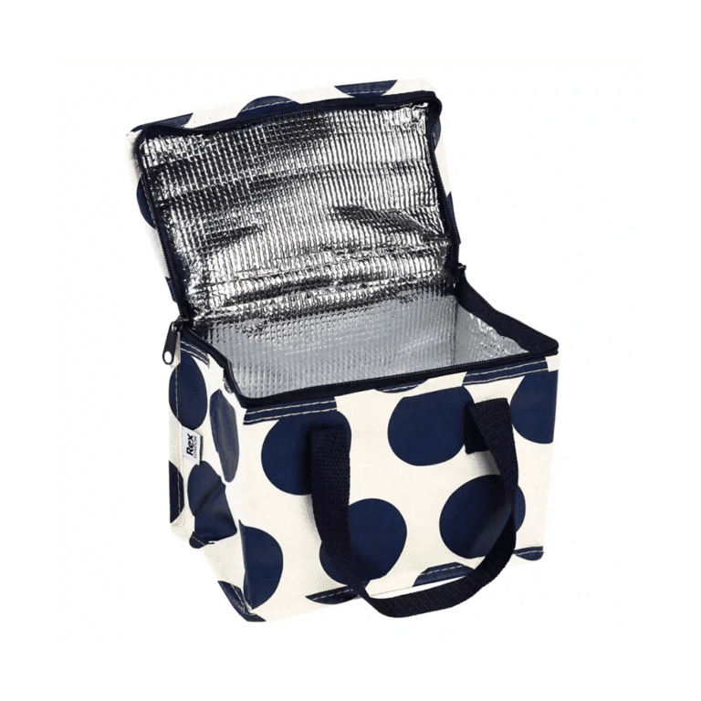 sac repas isotherme pois bleu marine rl vue intérieur sac repas sur fond blanc