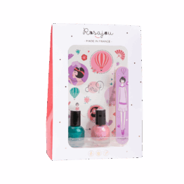 un coffret de deux vernis rose et vert nacré Rosajou, vue de face sur fond blanc