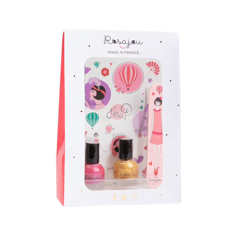 un coffret de deux vernis doré et rose Rosajou, vue de face sur fond blanc