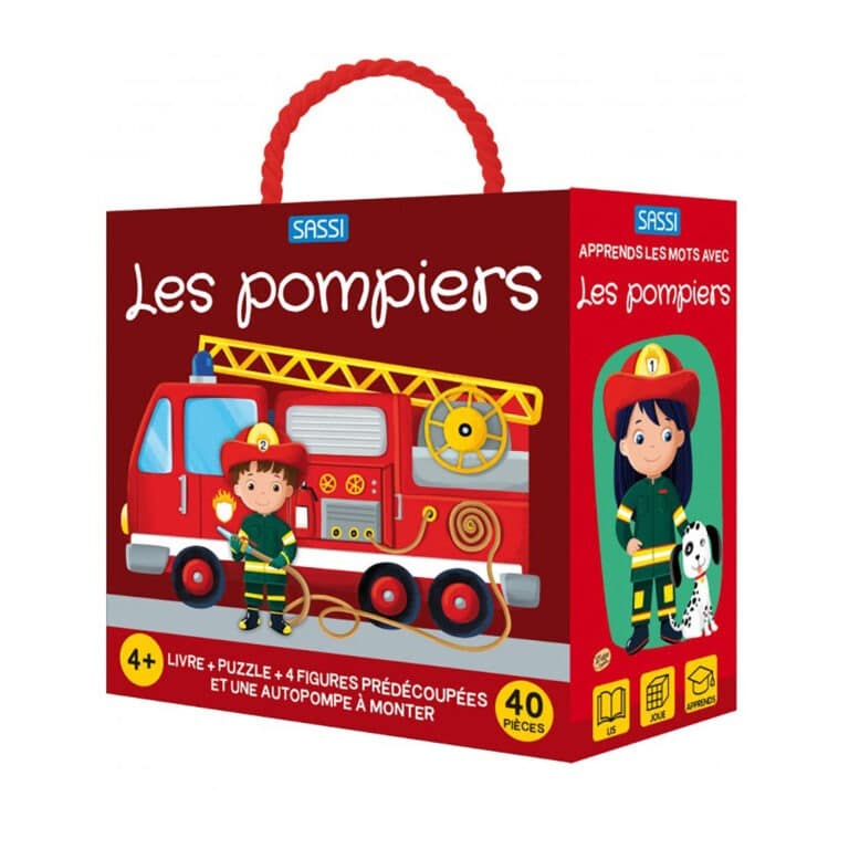 livre et puzzle apprends les mots les pompiers sassi sur fond blanc