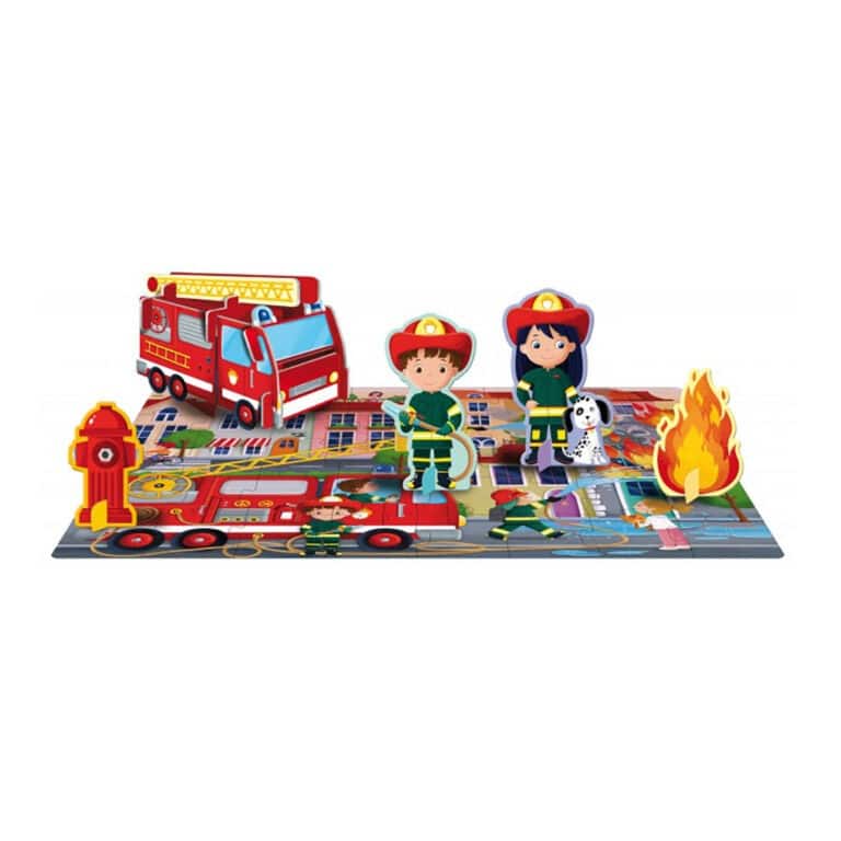 livre et puzzle apprends les mots les pompiers sassi figurines sur fond blanc