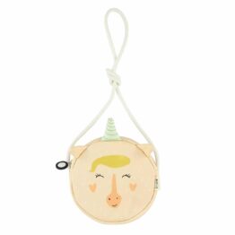 Un petit sac rond licorne, vue de face sur fond blanc