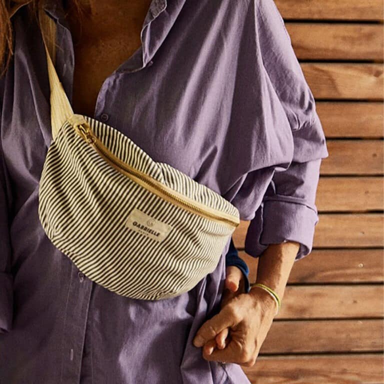 sac banane à rayures kaki et lemon gabrielle paris détail gros plan