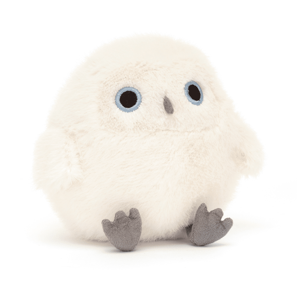 mini doudou chouette blanche de côté sur fond blanc