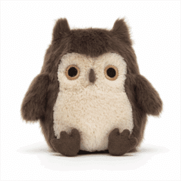 mini doudou chouette marron jellycat de face sur fond blanc