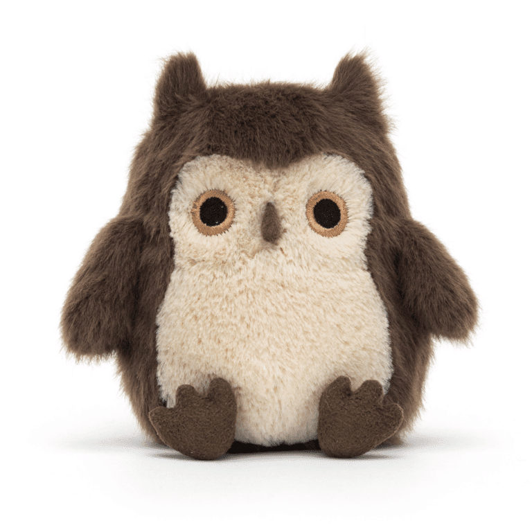 mini doudou chouette marron jellycat de face sur fond blanc