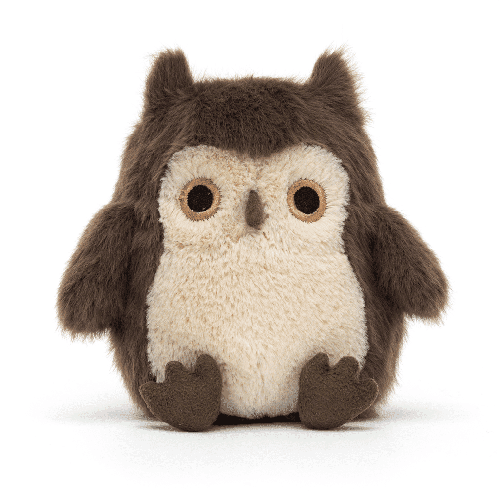 mini doudou chouette marron jellycat de face sur fond blanc