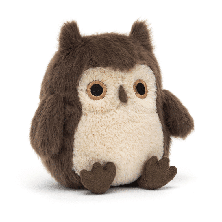 mini doudou chouette marron jellycat de côté sur fond blanc