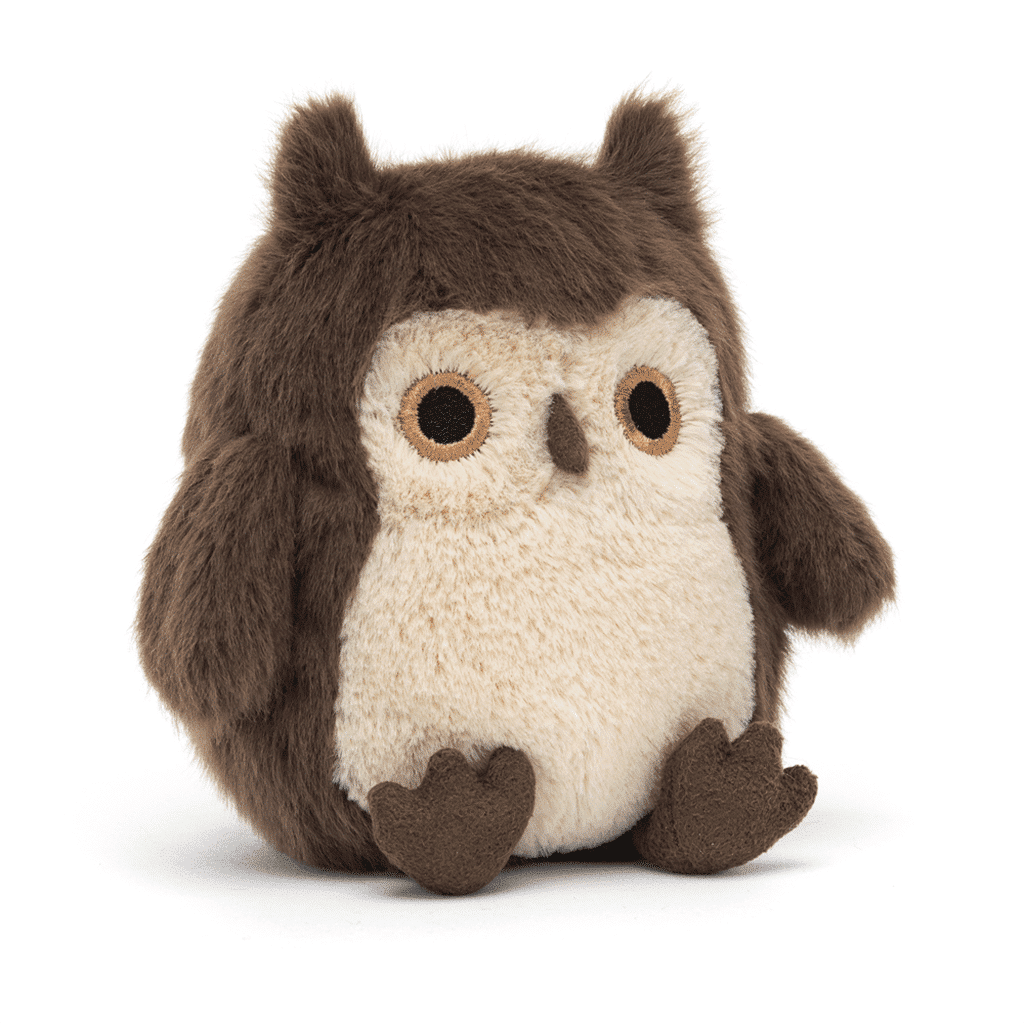 mini doudou chouette marron jellycat de côté sur fond blanc