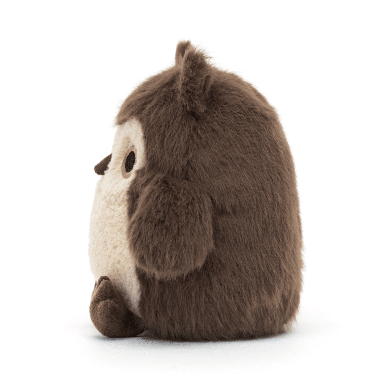 mini doudou chouette marron jellycat de profil sur fond blanc