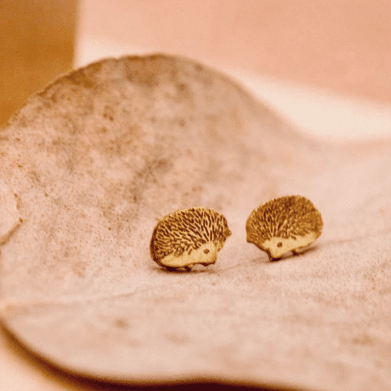 une paire de boucle d'oreille hérisson Adorabili, vue de face sur fond décoré