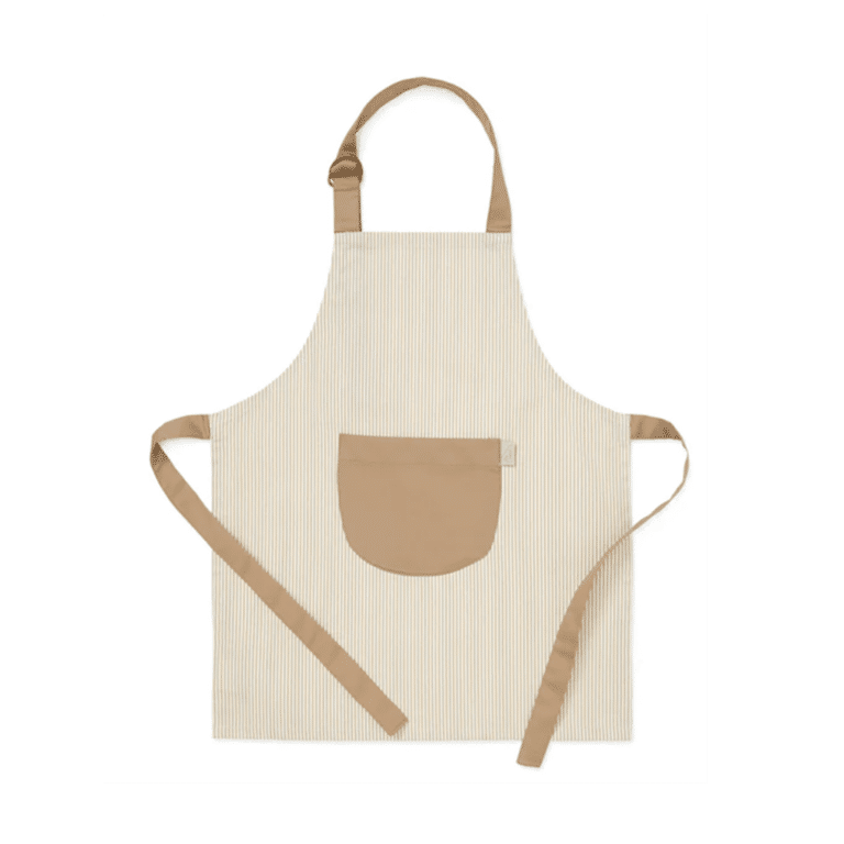 un tablier rayures camel enfant camcam, vue de face sur fond blanc