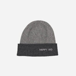 un bonnet "Happy kid" gris chamaye, vue de face sur fond blanc