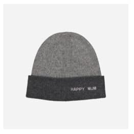 un bonnet "Happy Mum" gris chamaye, vue de face sur fond blanc