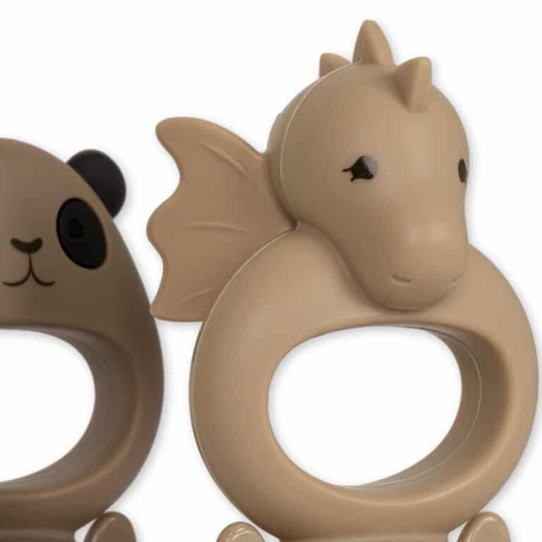 lot de 2 grignoteuse panda marron et dragon argile Konges Slojd, zoom sur les détails