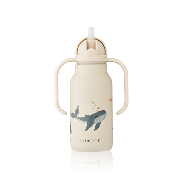 gourde liewood en acier avec anses et paille en silicone animaux marins sur fond blanc