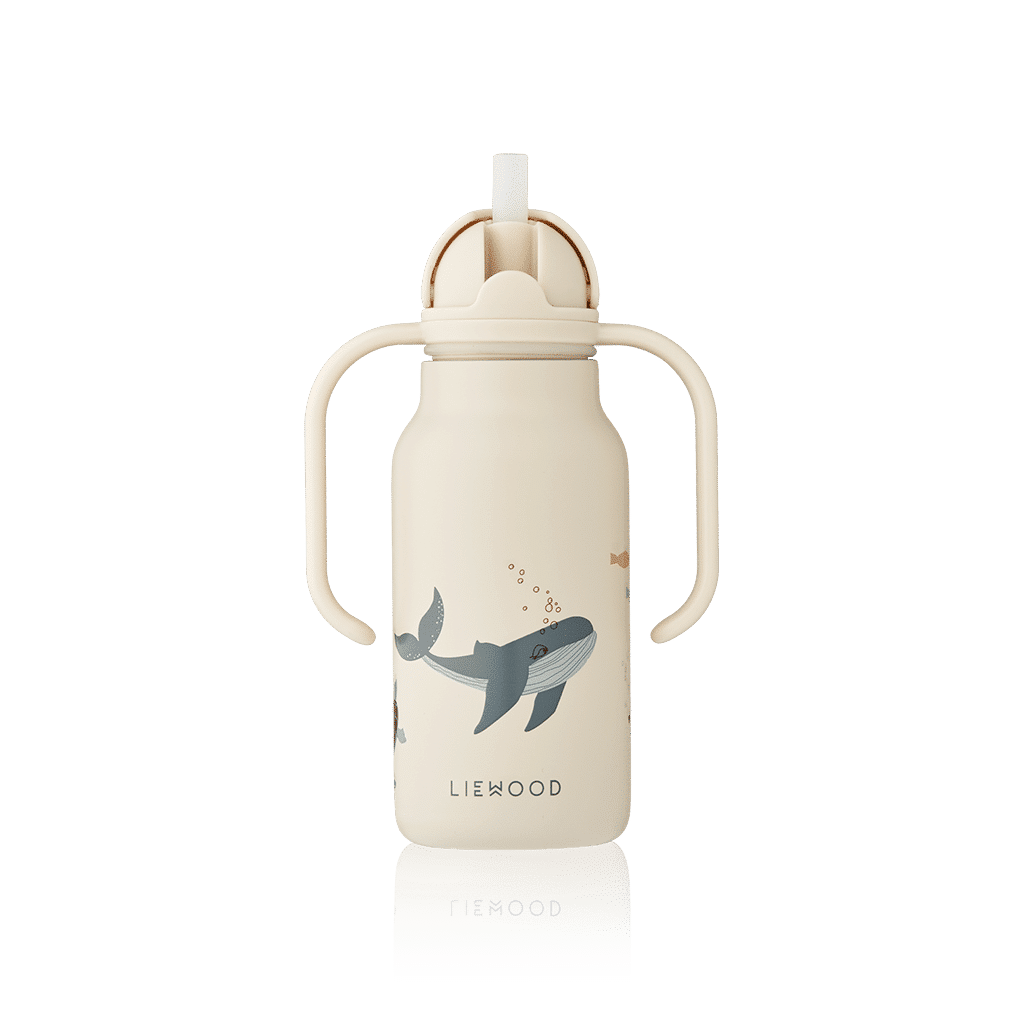 gourde liewood en acier avec anses et paille en silicone animaux marins sur fond blanc