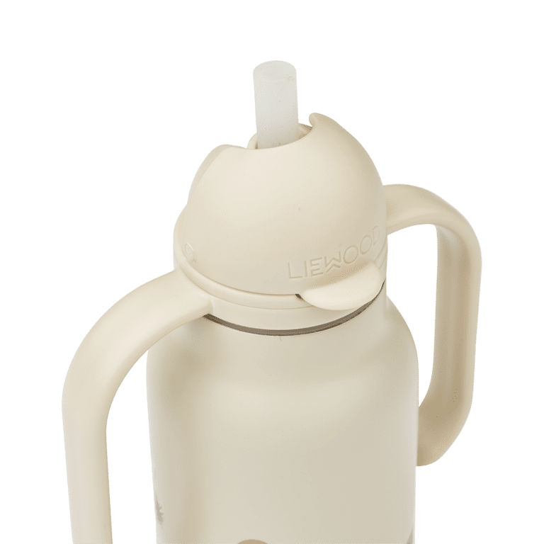 gourde liewood en acier avec anses et paille en silicone animaux marins détail paille sur fond blanc