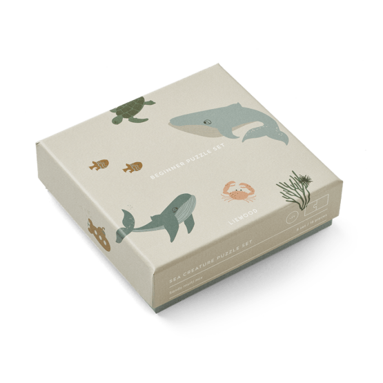 puzzle liewood 2 pièces animaux marins détail boîte sur fond blanc