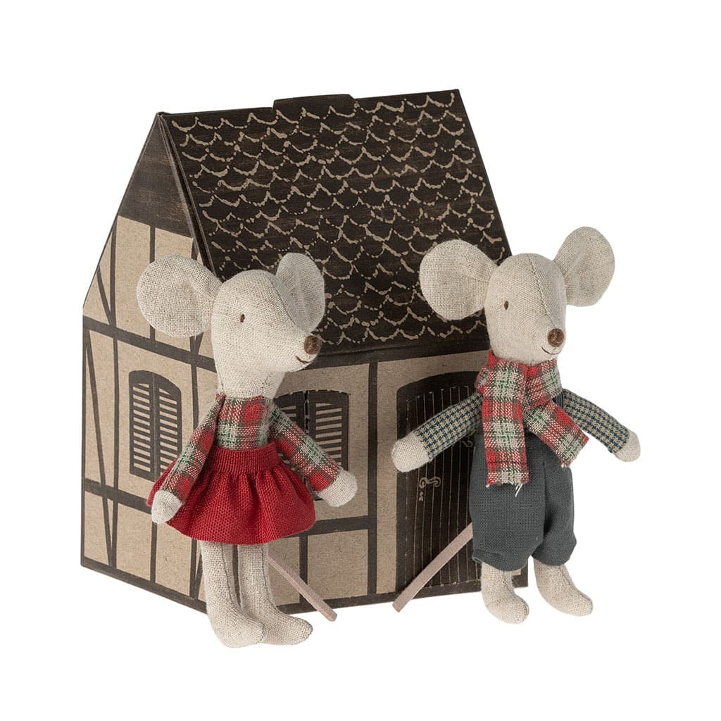 souris jumeaux devant leur chalet