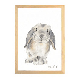 une affiche A4 lapin bélier Les Aquarelles De Marlène, vue de face sur fon blanc