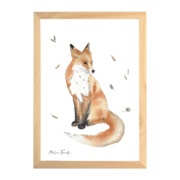 une affiche A4 renard, les aquarelles de Marlène, vue de face sur fond blanc