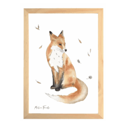 une affiche A4 renard, les aquarelles de Marlène, vue de face sur fond blanc