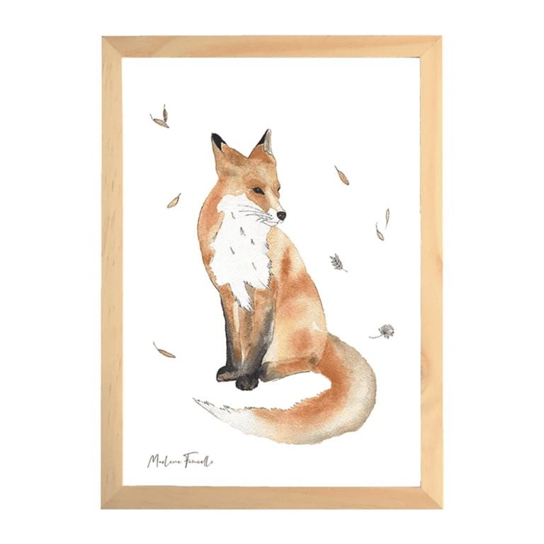 une affiche A4 renard, les aquarelles de Marlène, vue de face sur fond blanc