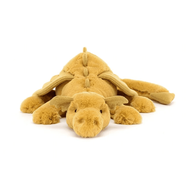 doudou jellycat dragon doré vue de face sur fond blanc
