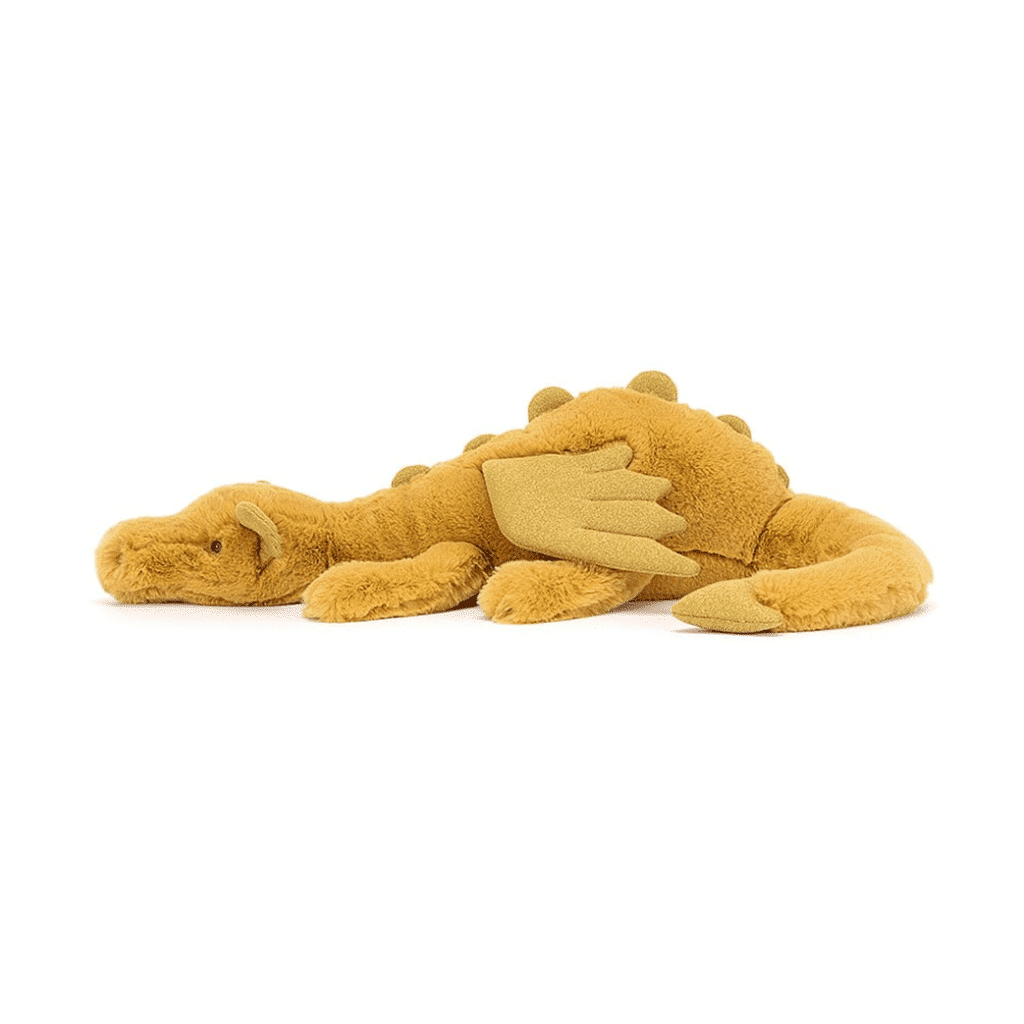 doudou jellycat dragon doré vue de profil sur fond blanc
