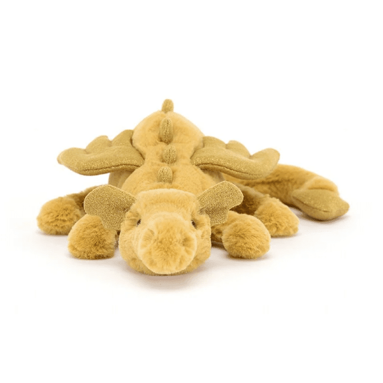 doudou jellycat dragon doré vue de face sur fond blanc