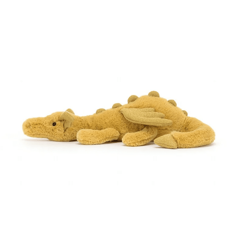 doudou jellycat dragon doré vue de profil sur fond blanc
