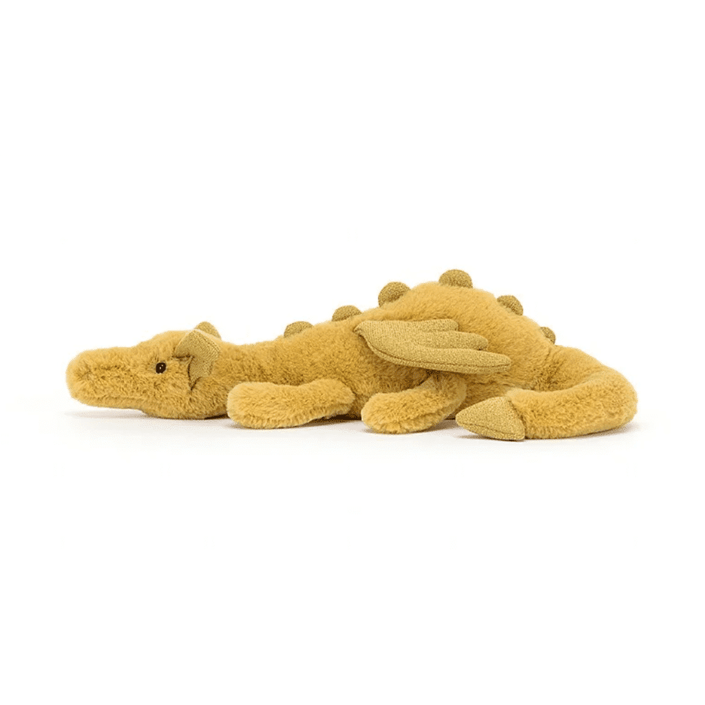 doudou jellycat dragon doré vue de profil sur fond blanc